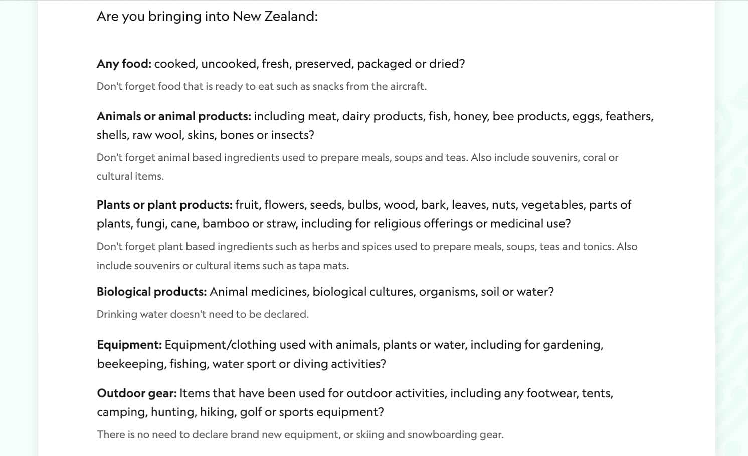 New Zealand RISK ITEMS