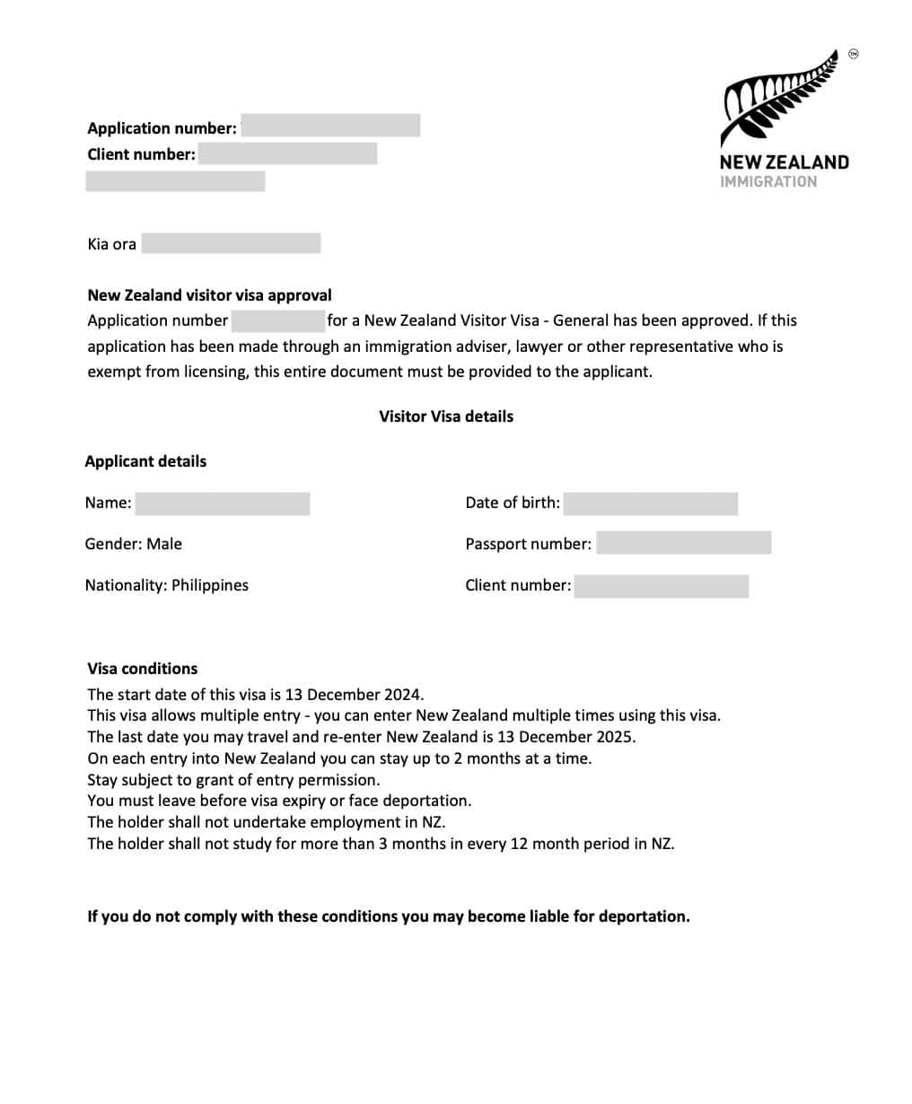 New Zealand Visa Sample