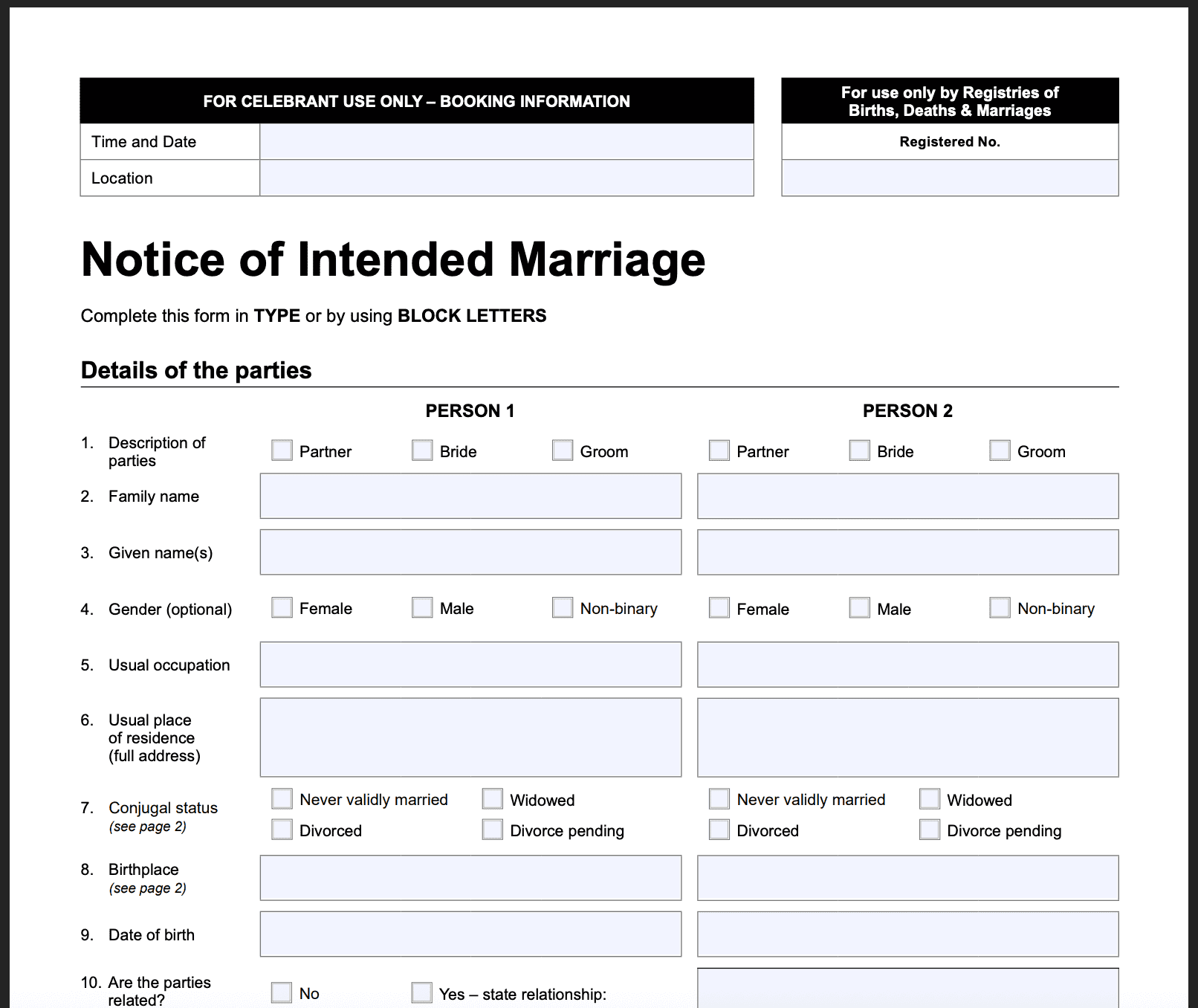 Notice of Intended Marriage NOIM Australia